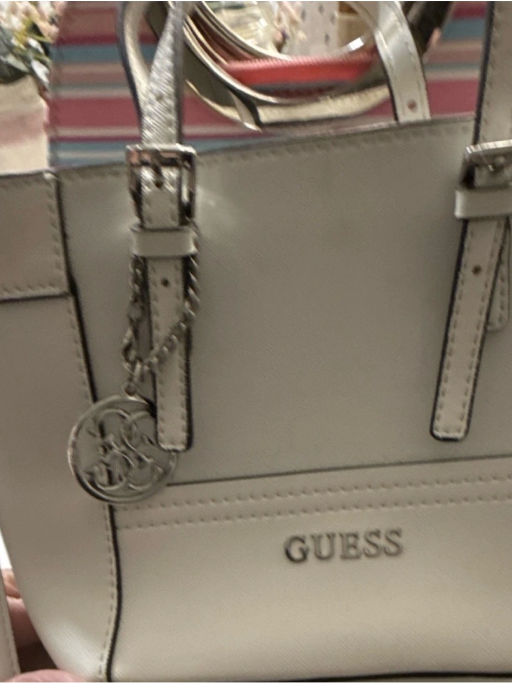 GUESS Cream Tote with Silver Logo Charm